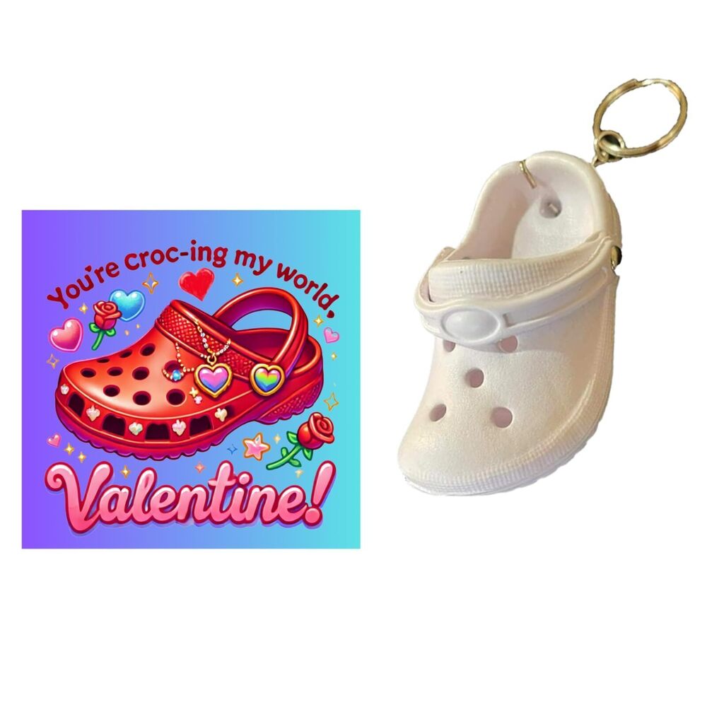 6130 Customizable White Clog Shoe Keychains with Valentine Exchange Cards